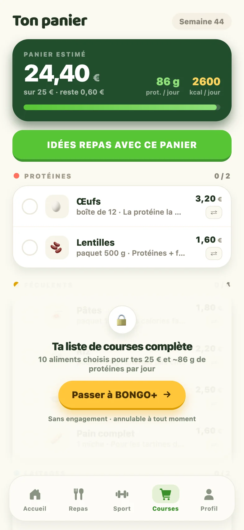 L'onglet courses de BONGO